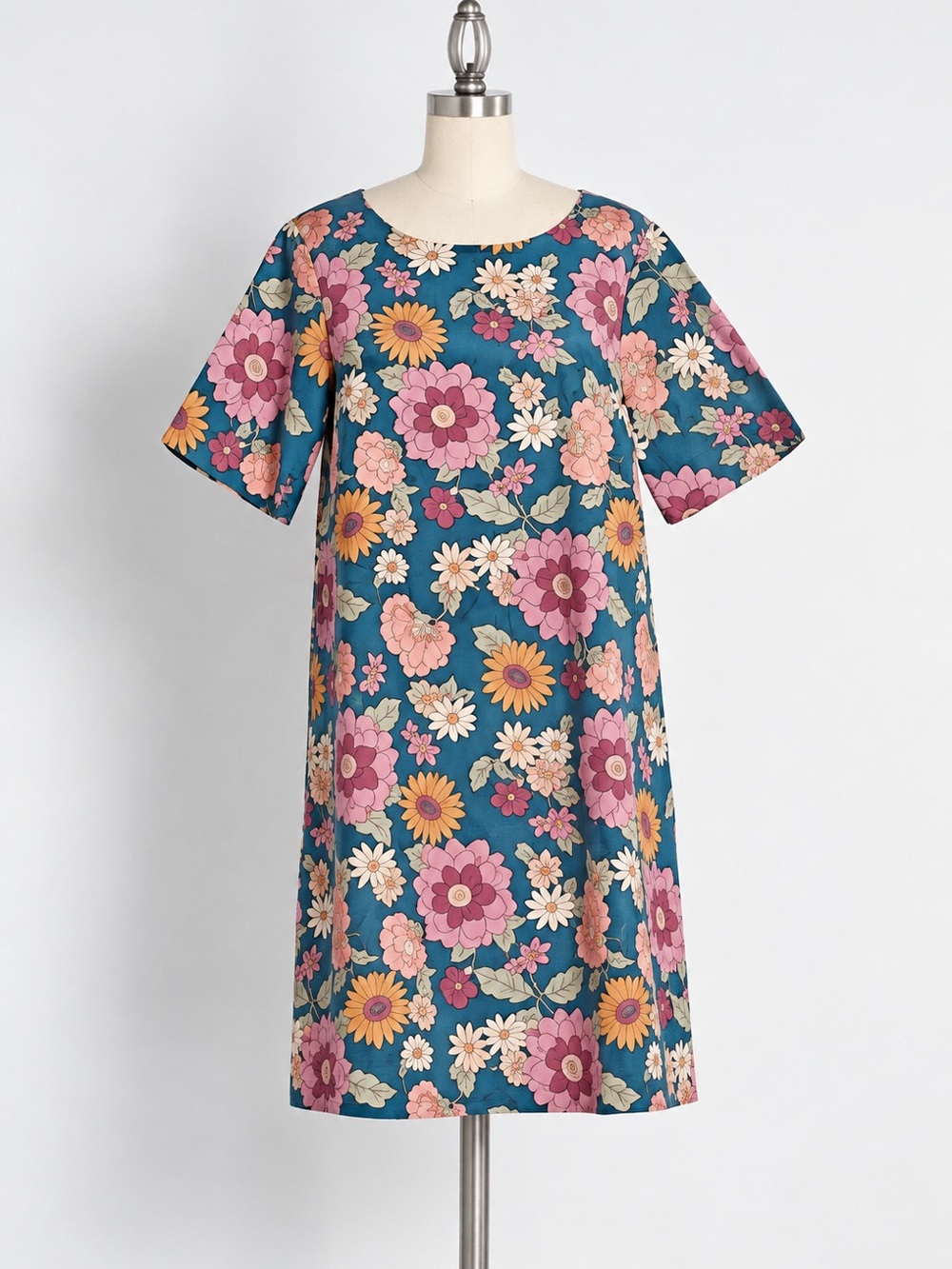 Princess Highway Teal Floral Shift Dress with Pink and Yellow Blooms